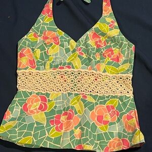 Lilly Pulitzer Green and Pink Floral Tank Top with Crochet Band